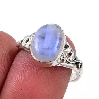 Натуральный радужный лунный камень, кольцо из стерлингового серебра 925 пробы, размер 7,5 m6b72