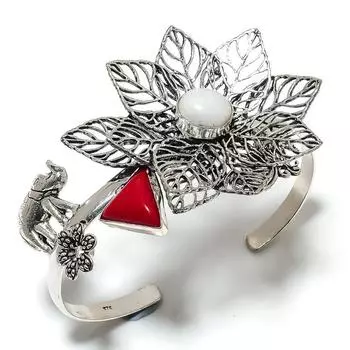 Натуральный радужный лунный камень, коралловый камень, браслет-манжета из стерлингового серебра 925 пробы, регулируемый. p8W12