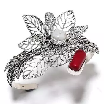 Натуральный радужный лунный камень, коралловый камень, браслет-манжета из стерлингового серебра 925 пробы, регулируемый. W5Z59