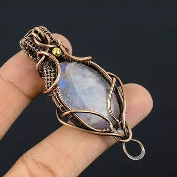 Натуральный Радужный Лунный Камень, Медная Проволока, Подвеска, Подарок 2,35 дюйма S2U34