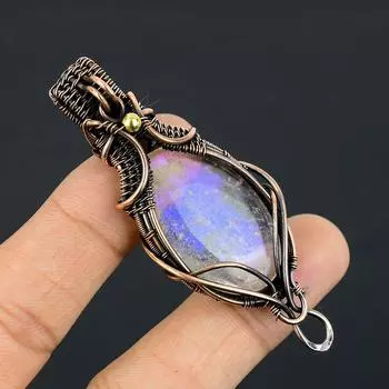 Натуральный Радужный Лунный Камень, Медная Проволока, Подвеска, Подарок 2,35 дюйма, H2f49
