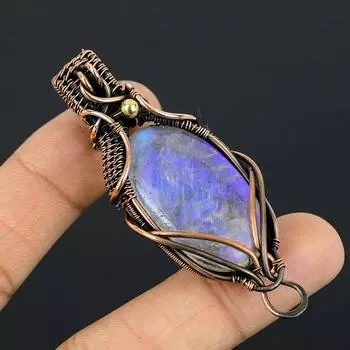 Натуральный Радужный Лунный Камень, Медная Проволока, Подвеска, Подарок 2,15 дюйма, H4O39