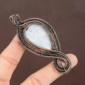 Натуральный Радужный Лунный Камень, Розовый Кварц, Медная Проволока, Подвеска 3,54 дюйма P5J91