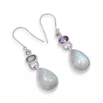 Натуральный Радужный Лунный Камень с крошечным аметистом, стерлингового серебра 925 пробы, висячие серьги ручной работы для женщин и девочек