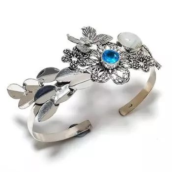 Натуральный радужный лунный камень, топаз, браслет-манжета из стерлингового серебра 925 пробы, регулируемый. H0k50