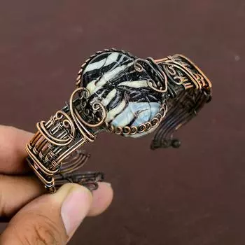 Натуральный резной агат Сулемани, драгоценный камень, браслет из медной проволоки, регулируемый E2f11