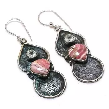 Натуральный родохрозит, белый топаз, серьги из стерлингового серебра 925 пробы, 2,36 дюйма, i8C70