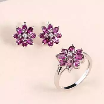 Натуральный Родолит Гранат Цветочный Дизайн Кольца Серьги Комплект Ювелирных Изделий Серебро 925 пробы Модный дизайн женские изысканные украшения повседневная одежда US RING SIZE 6# фиолетовый