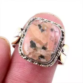 Натуральный родонит драгоценный камень 925 сплошное серебряное ювелирное изделие двухцветное кольцо размер 8US F6f06