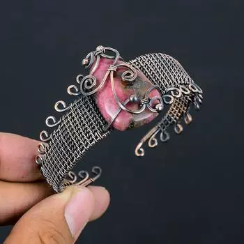 Натуральный родонит, драгоценный камень, браслет ручной работы из медной проволоки, регулируемый h4r01