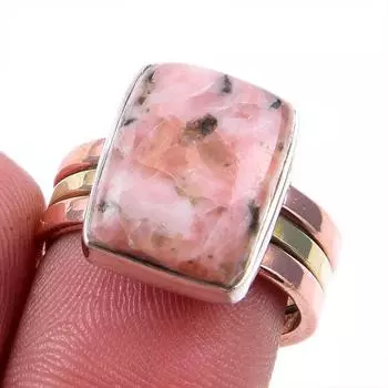 Натуральный родонит, драгоценный камень, твердое серебро 925 пробы, ювелирные изделия, двухцветное кольцо, размер 7US E9a13