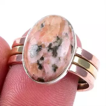 Натуральный родонит, драгоценный камень, твердое серебро 925 пробы, ювелирные изделия, двухцветное кольцо, размер 9US W1z31