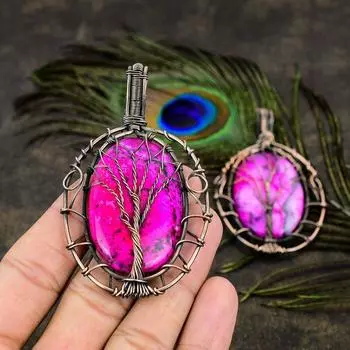 Натуральный розовый дендритный драгоценный камень, подвеска ручной работы из медной проволоки, 3,23 дюйма, H1h82