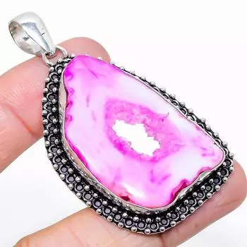 Натуральный розовый драгоценный камень Друзы из стерлингового серебра 925 пробы Подарочный кулон 2,60 дюйма W3o04