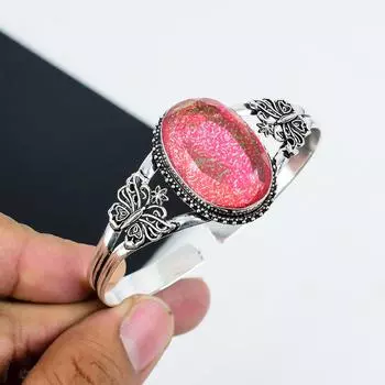 Натуральный розовый контурный опал драгоценный камень ручной работы из стерлингового серебра 925 пробы, браслет-манжета с розовым контурным опалом, для жены, браслет унисекс, подарки для мамы 6 розовый