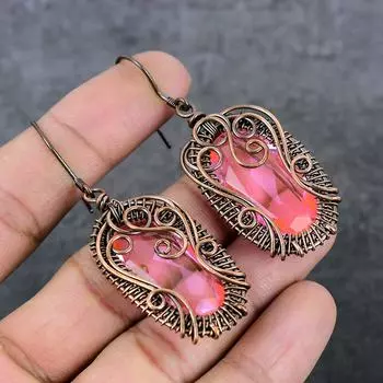 Натуральный розовый кунцит, медная проволока, подарочная ювелирная серьга 2,76 дюйма, R7o34
