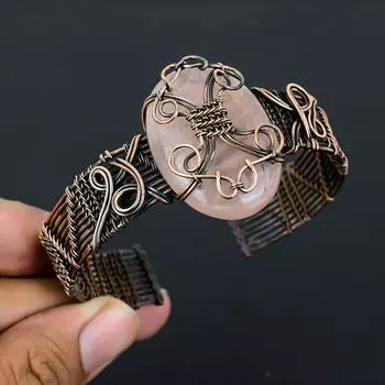 Натуральный розовый кварц, драгоценный камень, браслет ручной работы из медной проволоки, регулируемый T6M26