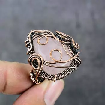 Натуральный розовый кварц, драгоценный камень, медная проволока, подарочное ювелирное кольцо, размер 9, a3P23