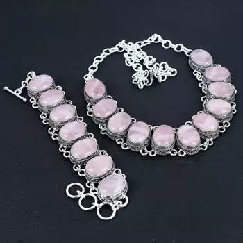 Натуральный розовый кварц, драгоценный камень, ручная работа, серебряные украшения 925 пробы, браслет-колье с розовым кварцем, комплект старинных ювелирных изделий, браслет для подарка на годовщину 20 розовый
