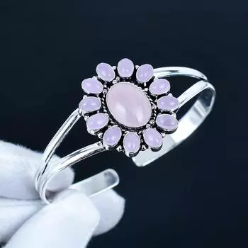 Натуральный Розовый Кварц Драгоценный Камень Ручной Работы Манжета Браслет 925 Стерлинговое Серебро Манжета Браслет, Браслет в Форме Цветка из Розового Кварца Для Жены, Унисекс Браслет, Подарок 7 розовый