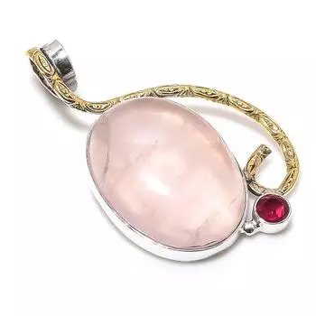 Натуральный розовый кварц, гранат, стерлинговое серебро 925 пробы, двухцветный кулон 2,05 дюйма v8c88