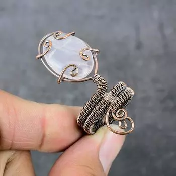 Натуральный розовый кварц, медная проволока, подарочное ювелирное кольцо, размер 8,5 B1c53