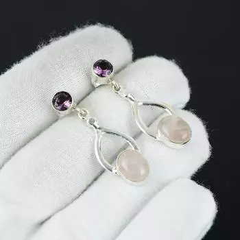 Натуральный розовый кварц, серьги с аметистом, серьги из стерлингового серебра 925 пробы, серьги-подвески ручной работы в стиле бохо, серебряные украшения, подарки на день рождения 1.96 розовый