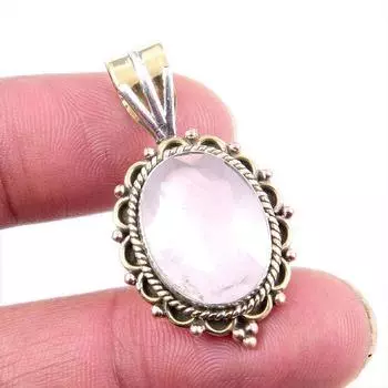 Натуральный розовый кварц, стерлинговое серебро 925 пробы, двухцветный кулон 1,5 дюйма p2V58