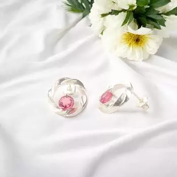 Натуральный розовый турмалин драгоценный камень серебро 925 пробы ручной работы серьги-пусеты 0.64 CE-13-6