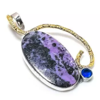 Натуральный русский чароит, голубой топаз, серебро 925, двухцветный кулон 2,01 дюйма E6m29