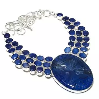 Натуральный сапфир(Смоделированный) Ювелирное ожерелье из стерлингового серебра 925 пробы 18 дюймов r2B56