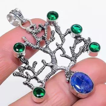 Натуральный сапфир(Смоделированный), Подвеска из серебра 925 пробы с диопсидом 2,56 дюйма B9n26