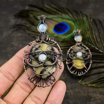 Натуральный септарский камень, подвеска из медной проволоки, лунный камень, драгоценный камень, 3,23 дюйма u7k02