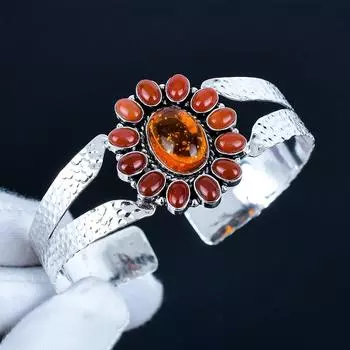 Натуральный сердолик, ручной работы, браслет-манжета из стерлингового серебра 925 пробы, браслет с балтийским янтарем в форме цветка для жены, унисекс, подарок 7 красный