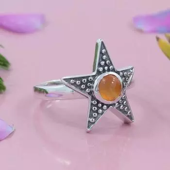 Натуральный сердолик, стерлинговое серебро 925 пробы, уникальный подарок, дизайнерское кольцо ручной работы со звездой, кольцо в стиле бохо, эффектное кольцо, серебряные украшения 6