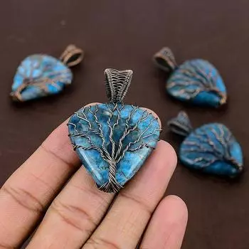 Натуральный синий апатит, драгоценный камень, подвеска ручной работы из медной проволоки, 2,13 дюйма, O4H70