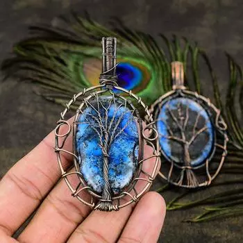 Натуральный синий дендритный драгоценный камень, подвеска ручной работы из медной проволоки длиной 3,39 дюйма I6w08