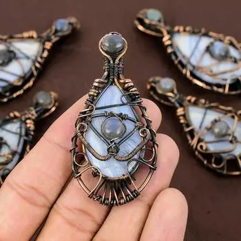 Натуральный синий кружевной агат, драгоценный камень, подвеска ручной работы из медной проволоки, 2,76 дюйма, l4Y21