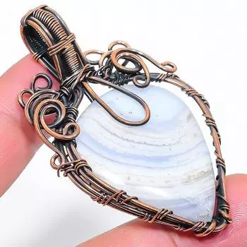 Натуральный синий кружевной агат, драгоценный камень, подвеска ручной работы из медной проволоки 2,48 дюйма z0J94