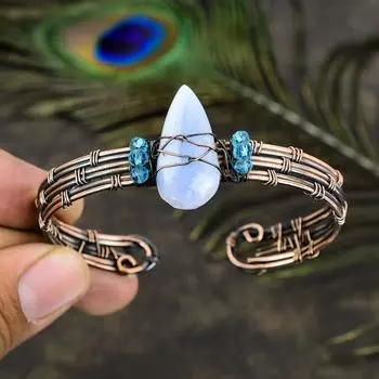 Натуральный синий кружевной агат, драгоценный камень, медная проволока, браслет-манжета, регулируемый A5z25