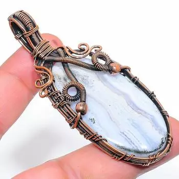 Натуральный синий кружевной агат, драгоценный камень, подвеска ручной работы из медной проволоки, 3,03 дюйма, K2M48