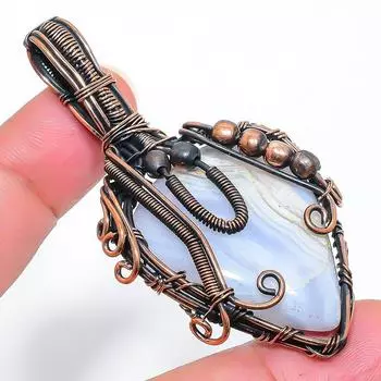 Натуральный синий кружевной агат, драгоценный камень, подвеска ручной работы из медной проволоки, 2,68 дюйма, y4V72