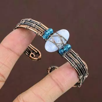 Натуральный синий кружевной агат, драгоценный камень, медная проволока, браслет-манжета, регулируемый w4Q38