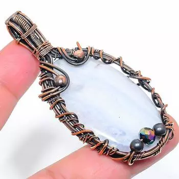 Натуральный синий кружевной агат, драгоценный камень, подвеска ручной работы из медной проволоки, 2,84 дюйма, N4o47