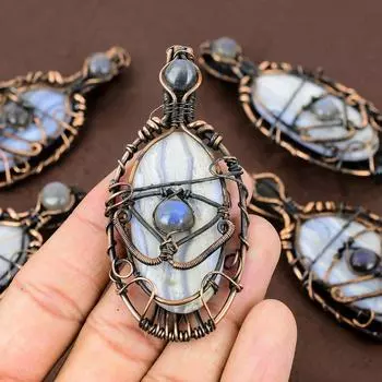 Натуральный синий кружевной агат, драгоценный камень, подвеска ручной работы из медной проволоки, 3,07 дюйма, P9u76