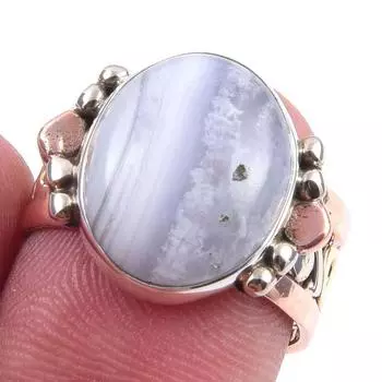 Натуральный синий кружевной агат, двухцветное кольцо из стерлингового серебра 925 пробы, размер 6,5 C0i93