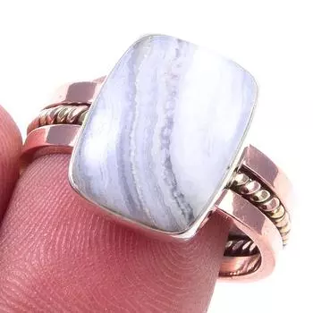 Натуральный синий кружевной агат, двухцветное кольцо из стерлингового серебра 925 пробы, размер 9 E5S85