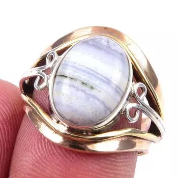 Натуральный синий кружевной агат, двухцветное кольцо из стерлингового серебра 925 пробы, размер 6 G4J92