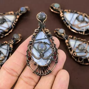 Натуральный синий кружевной агат, лабрадорит, драгоценный камень, медная проволока, подвеска 2,76 дюйма i0e75