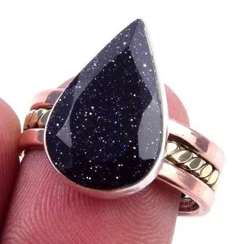 Натуральный синий солнечный камень, двухцветное кольцо из стерлингового серебра 925 пробы, размер 7,5 a6Y78